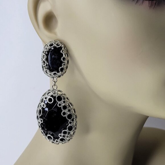 Black and Silver Earrings Chandelier Earrings Statement Earrings Filigree Silver - Picture 7 of 11
